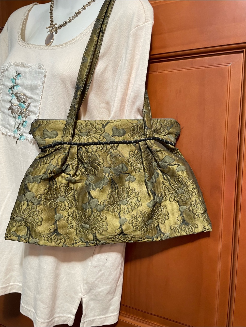 Olive Brocade Floral Jacquard Shoulder Bag